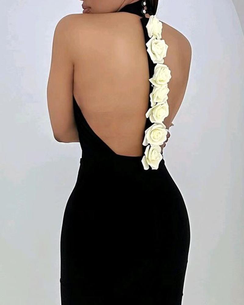 Rose Detail Mock Neck Sleeveless Backless Bodycon Party Dress