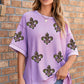 Orchid Petal Sequin Fleur De Lis Patched Exposed Seam Oversize Top