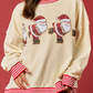 Beige Santa Skiing Graphic Striped Trim Corded Sweatshirt