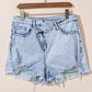 Light Blue Acid Wash Crossed Raw Edge Denim Shorts