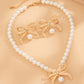 Gold Rhinestone Pearl Bow Decor Plated Necklace and Earrings Set