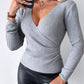 V Neck Ruched Side Button Decor Knit Sweater Slim Fit Pullover Top