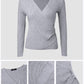 V Neck Ruched Side Button Decor Knit Sweater Slim Fit Pullover Top