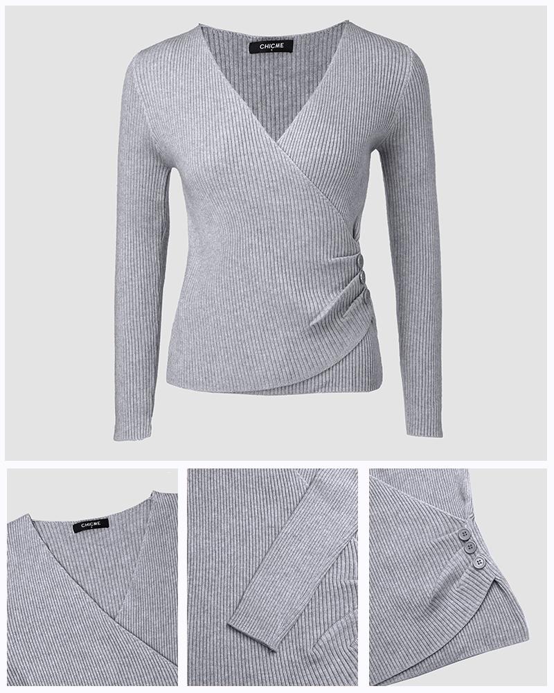 V Neck Ruched Side Button Decor Knit Sweater Slim Fit Pullover Top