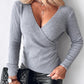 V Neck Ruched Side Button Decor Knit Sweater Slim Fit Pullover Top