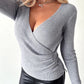 V Neck Ruched Side Button Decor Knit Sweater Slim Fit Pullover Top