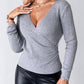 V Neck Ruched Side Button Decor Knit Sweater Slim Fit Pullover Top