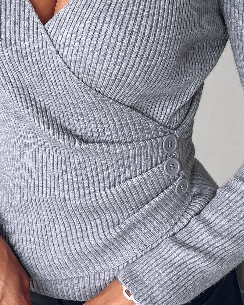 V Neck Ruched Side Button Decor Knit Sweater Slim Fit Pullover Top