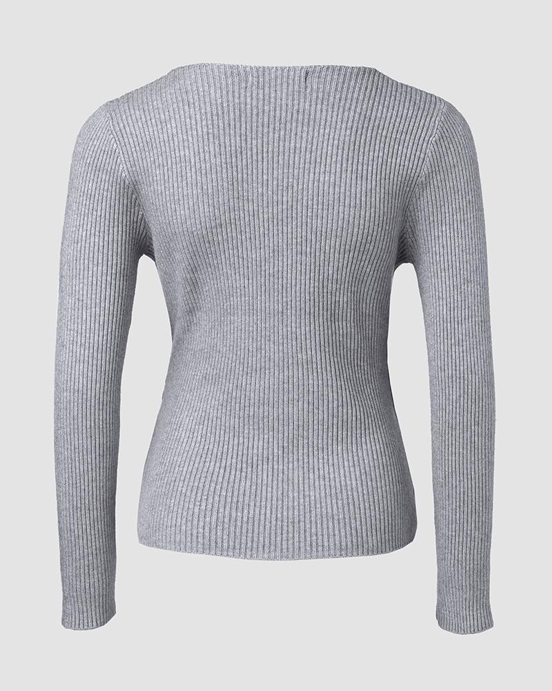 V Neck Ruched Side Button Decor Knit Sweater Slim Fit Pullover Top