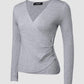 V Neck Ruched Side Button Decor Knit Sweater Slim Fit Pullover Top