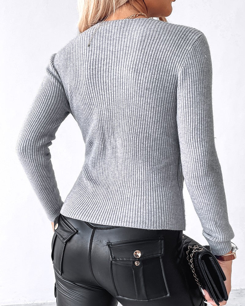 V Neck Ruched Side Button Decor Knit Sweater Slim Fit Pullover Top