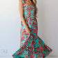 Green Abstract Print Smocked Bodice Knotted Straps Ruffled Maxi Dress