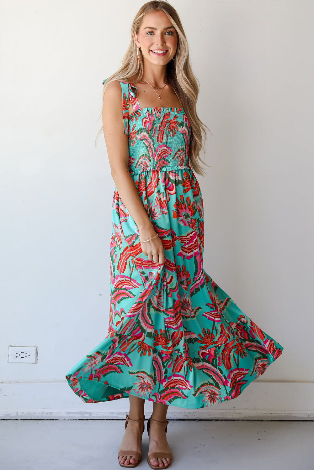 Green Abstract Print Smocked Bodice Knotted Straps Ruffled Maxi Dress