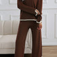 Coffee Contrast Trim Split Cuffs Long 2pcs Sweater Outfit Loungewear