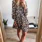 Black Leopard Print Buttoned Front 3/4 Sleeve Tiered Ruffled Hem Dress