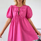 Bright Pink Solid Color Puff Sleeve Tie Front High Waist Mini Dress