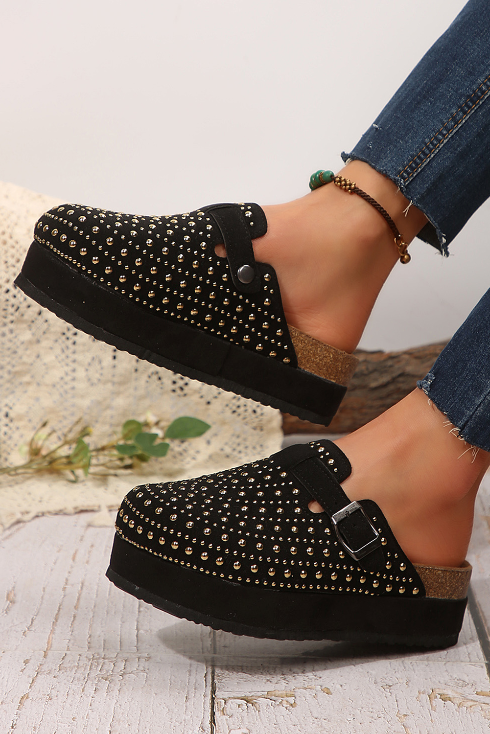 Black Rivet Buckle Closed Toe Platform Slippers