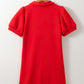 Fiery Red Textured Collared V Neck Puff Short Sleeve Shift Mini Dress