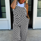 Black Checkered Print Pocketed Wide Leg Jumpsuit