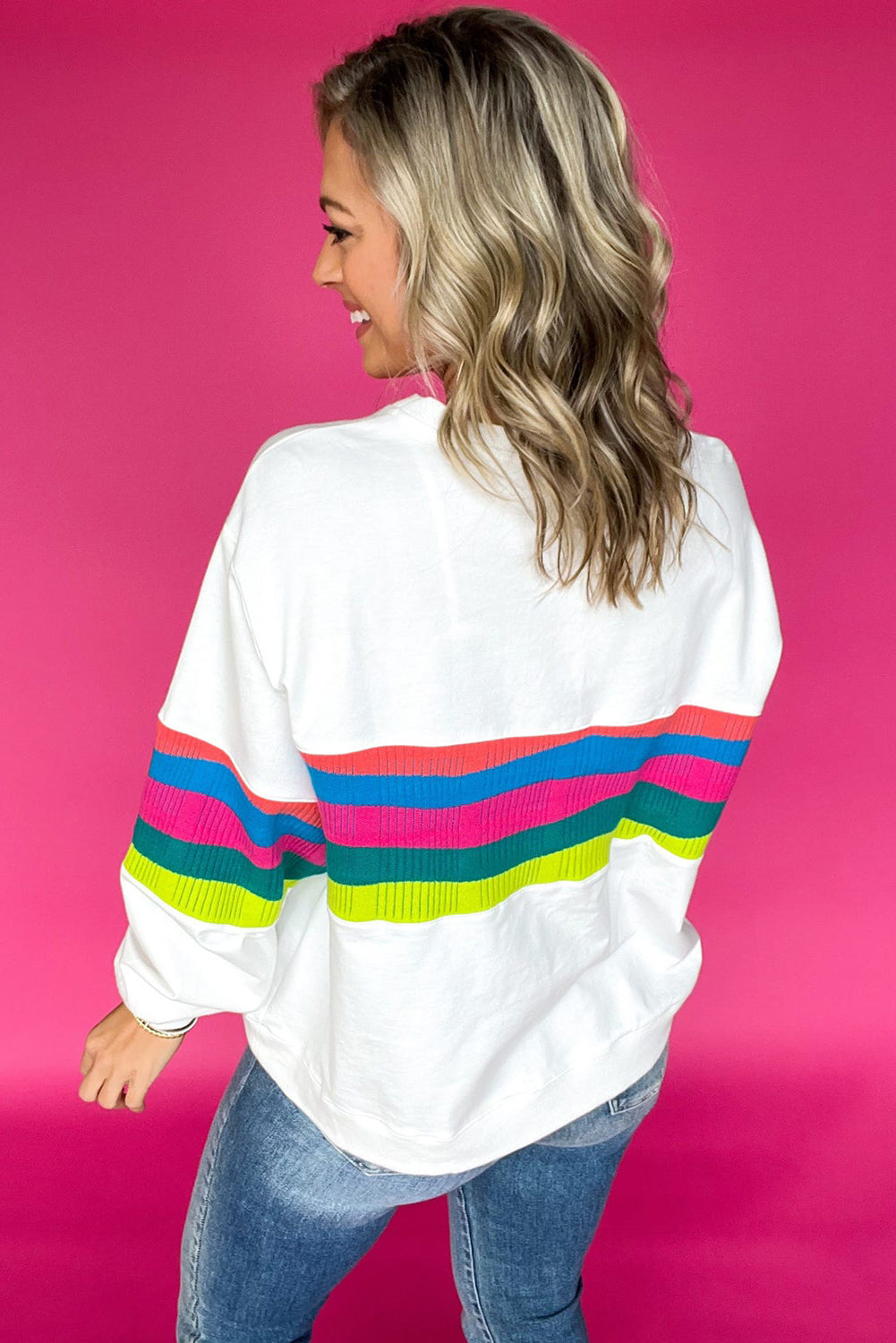 White Plus Size Colorful Striped Drop Shoulder Loose Sweatshirt