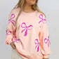 Apricot Pink Sequined Bowknot Drop Shoulder Oversized Sweatshirt