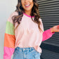 Pink Colorblock Patchwork Long Sleeve Loose Top