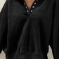 Black Solid Snap Buttons Collared Balloon Sleeve Oversized Sweatshirt