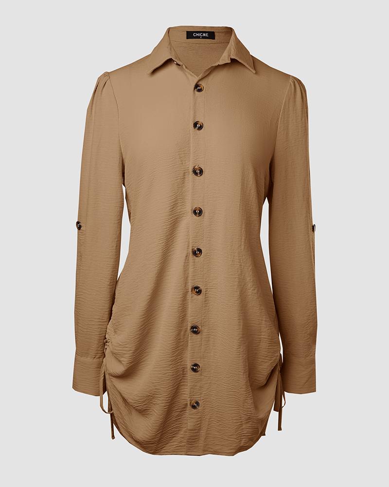 Side Drawstring Buttoned Roll Up Sleeve Shirt Dress