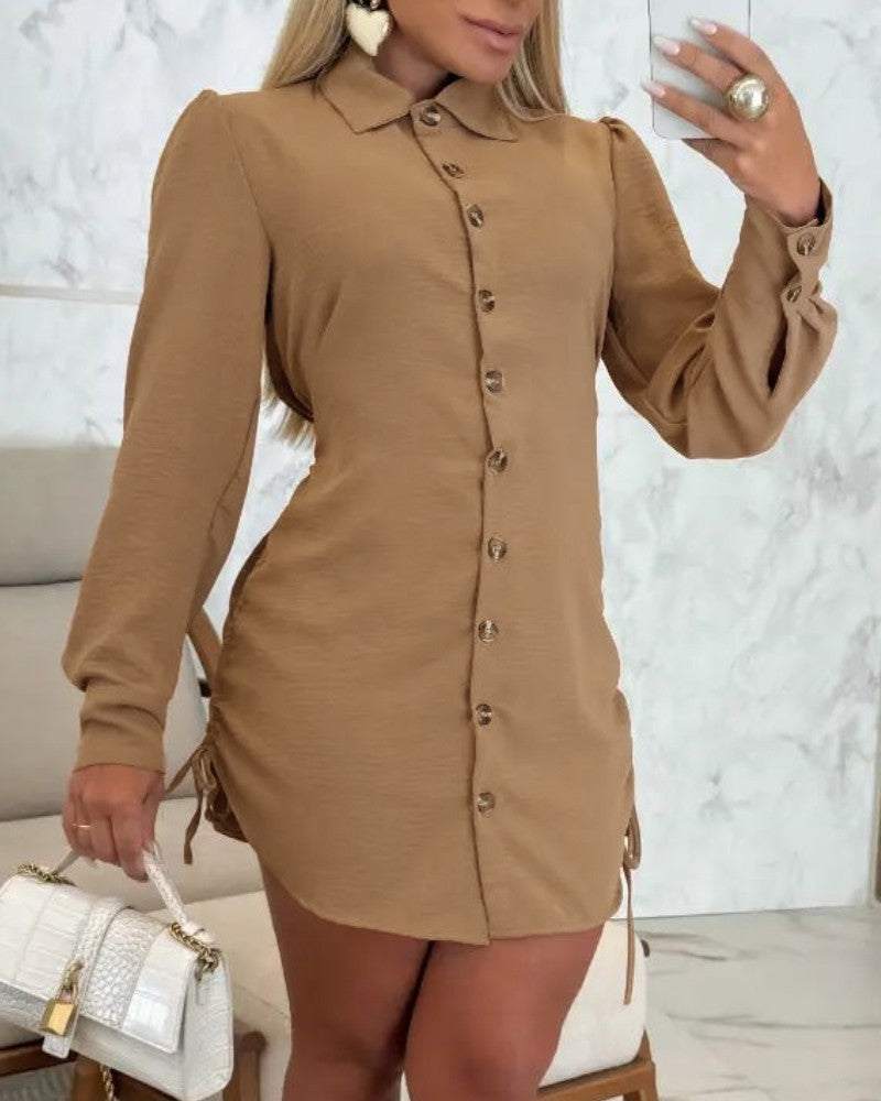 Side Drawstring Buttoned Roll Up Sleeve Shirt Dress