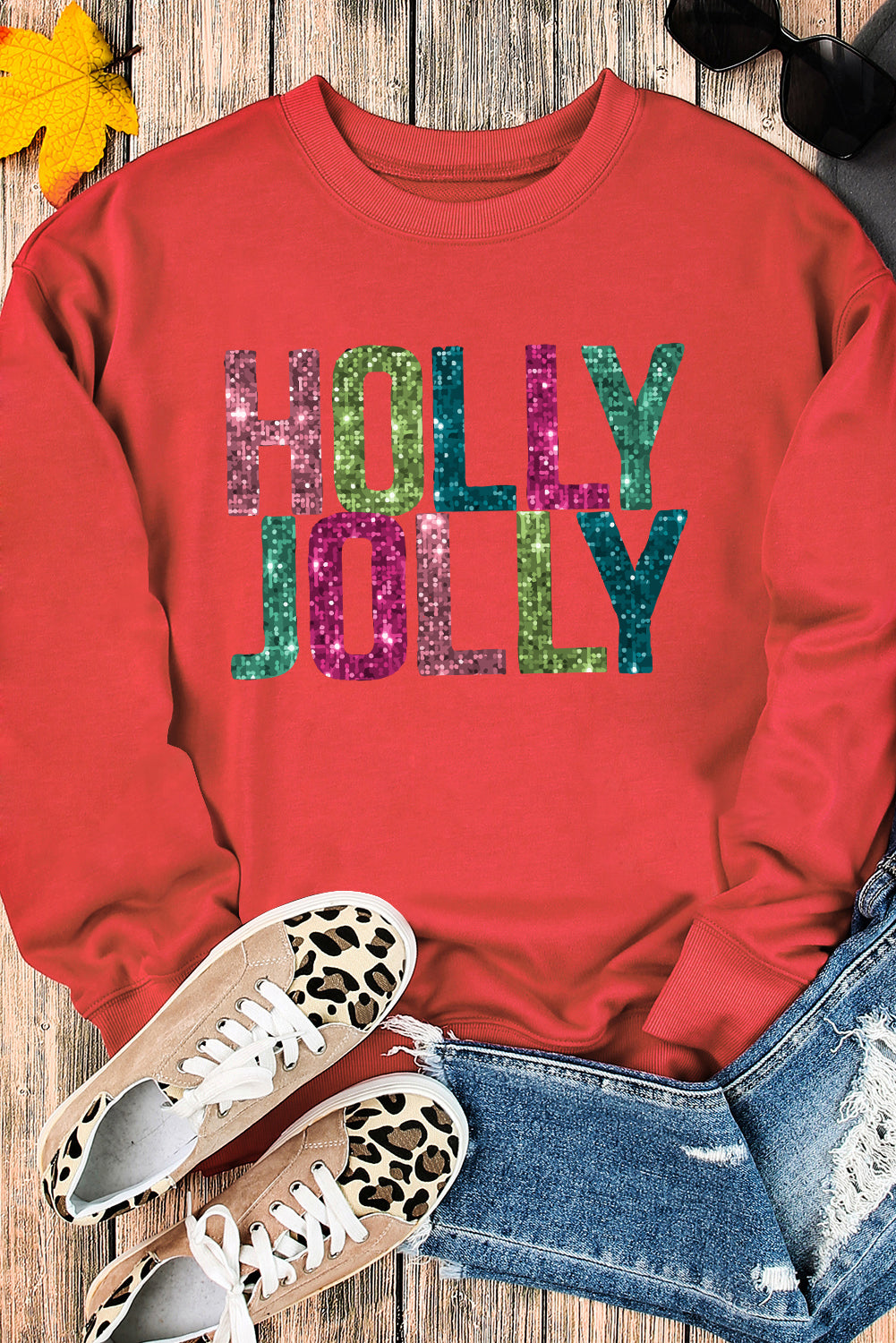 Red Glittering HOLLY JOLLY Graphic Christmas Pullover Sweatshirt