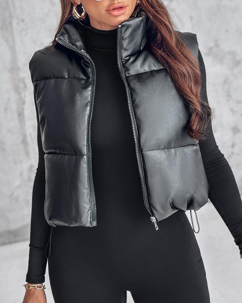 PU Leather Zip Up Pocket Design Hooded Vest Puffer Coat