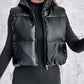 PU Leather Zip Up Pocket Design Hooded Vest Puffer Coat