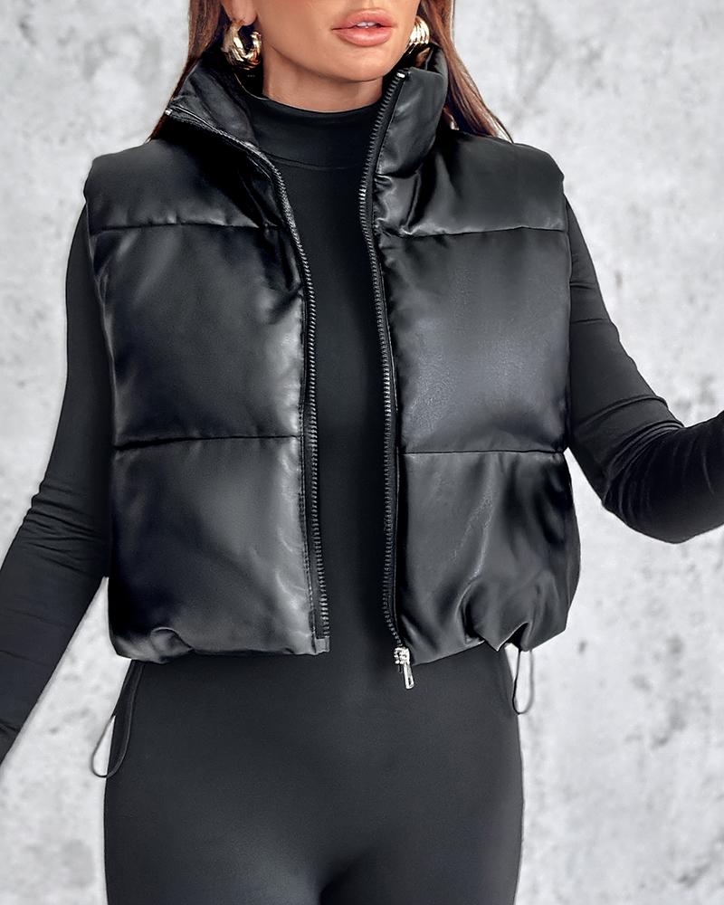 PU Leather Zip Up Pocket Design Hooded Vest Puffer Coat