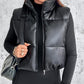 PU Leather Zip Up Pocket Design Hooded Vest Puffer Coat