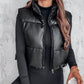 PU Leather Zip Up Pocket Design Hooded Vest Puffer Coat