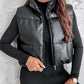 PU Leather Zip Up Pocket Design Hooded Vest Puffer Coat