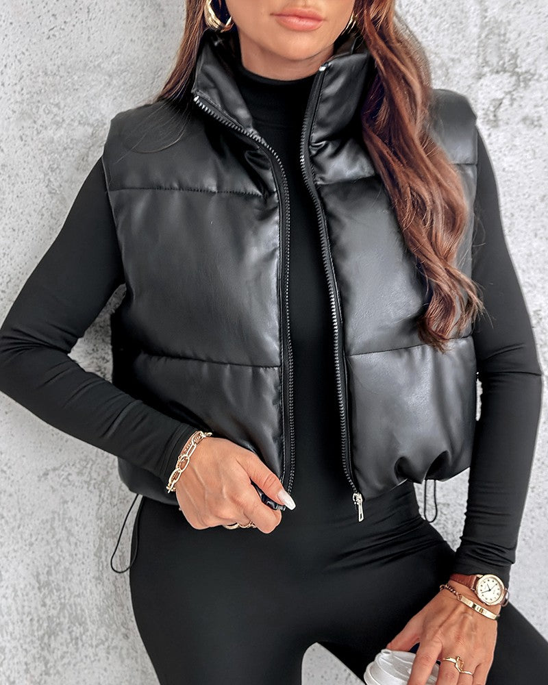 PU Leather Zip Up Pocket Design Hooded Vest Puffer Coat