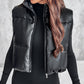 PU Leather Zip Up Pocket Design Hooded Vest Puffer Coat