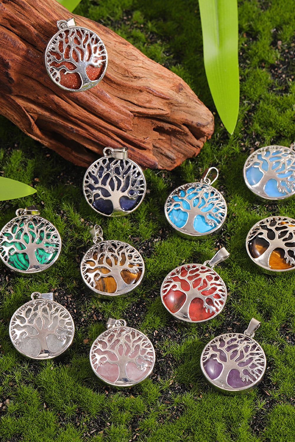 Blue Boho Tree of Life Crystal Round Pendant Necklace