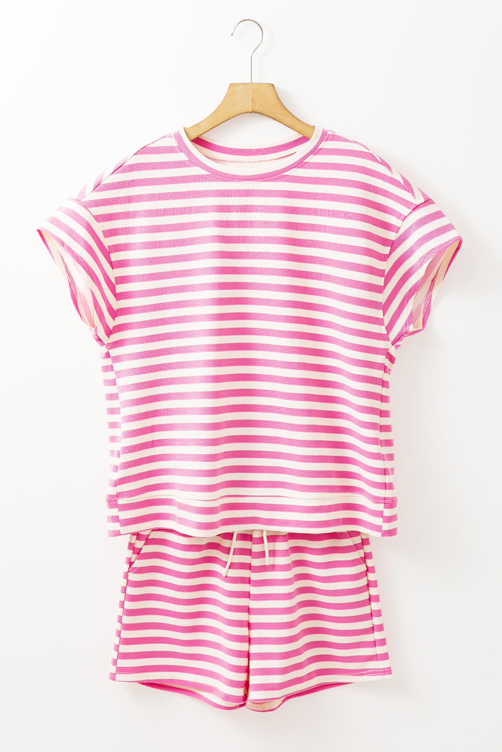 Rose Stripe Crew Neck T Shirt and Drawstring Shorts Set