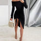 Off Shoulder Long Sleeve Side Drawstring Asymmetrical Hem Bodycon Dress