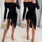 Off Shoulder Long Sleeve Side Drawstring Asymmetrical Hem Bodycon Dress