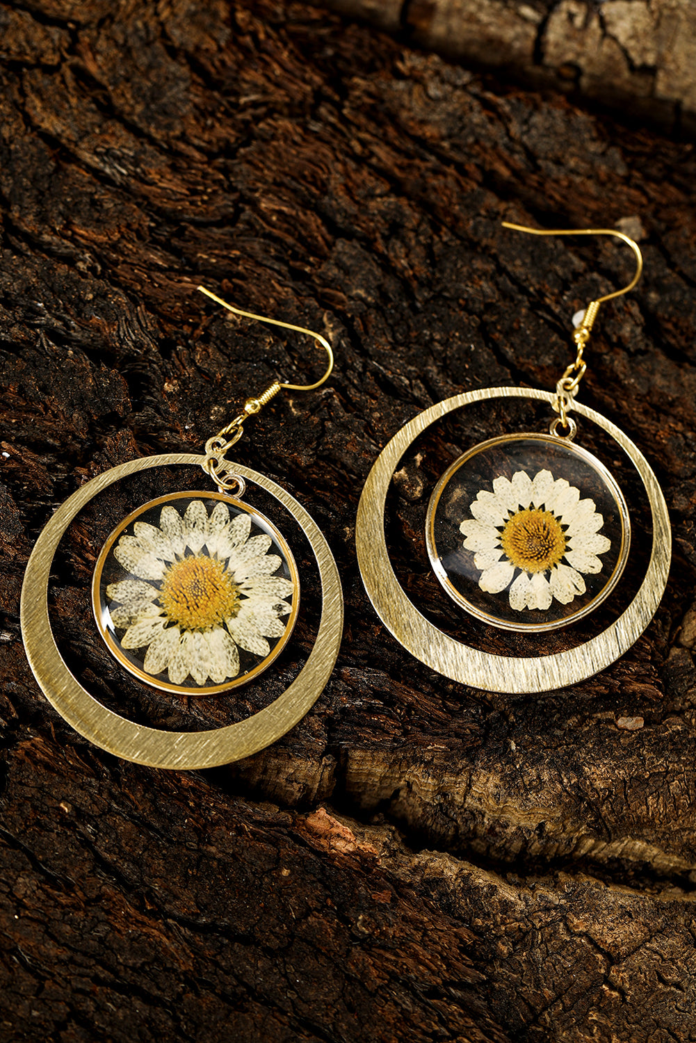 Gold Daisy Disc Dangle Hook Earrings