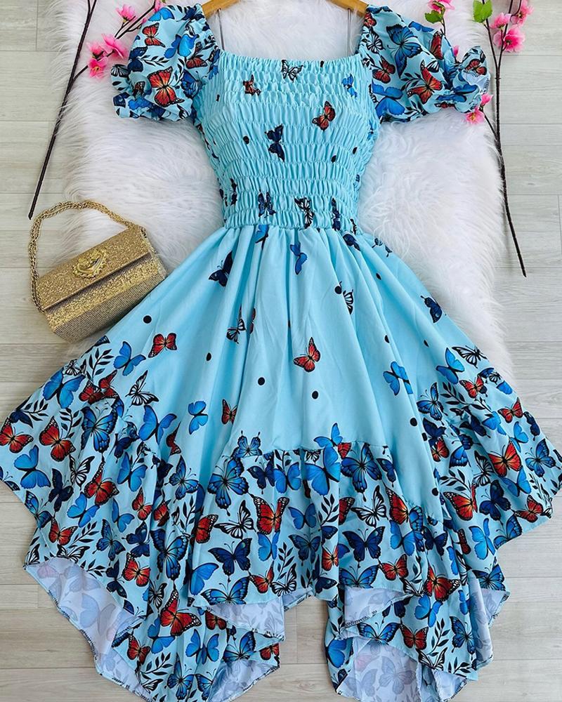 Butterfly Print Off the Shoulder Waist Asymmetrical Hem Dress Casual Shirred A Line Mini Vacation Dress