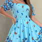 Butterfly Print Off the Shoulder Waist Asymmetrical Hem Dress Casual Shirred A Line Mini Vacation Dress