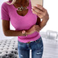 V Neck Chain Decor Short Sleeve Knit Top Dressy Casual Slim Fit Pullover