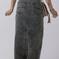 Dark Grey Denim Raw Hem Back Split High Waist Long Skirt