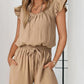 Square Neck Ruffles Sleeve Pocket Design Jumpsuit Casual Drawstring Wide Leg Cargo Romper