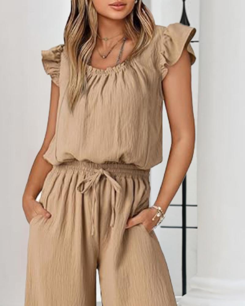 Square Neck Ruffles Sleeve Pocket Design Jumpsuit Casual Drawstring Wide Leg Cargo Romper