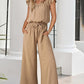 Square Neck Ruffles Sleeve Pocket Design Jumpsuit Casual Drawstring Wide Leg Cargo Romper